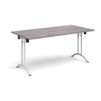 Rectangular folding leg table with white legs and curved foot rails 1600mm x 800mm - grey oak