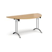 Semi circular folding leg table with chrome legs and curved foot rails 1600mm x 800mm - oak