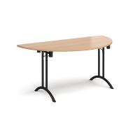 Semi circular folding leg table with black legs and curved foot rails 1600mm x 800mm - beech