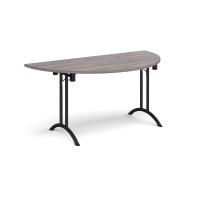 Semi circular folding leg table with black legs and curved foot rails 1600mm x 800mm - grey oak