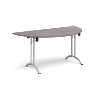 Semi circular folding leg table with silver legs and curved foot rails 1600mm x 800mm - grey oak