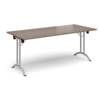 Rectangular folding leg table with silver legs and curved foot rails 1800mm x 800mm - Barcelona Walnut