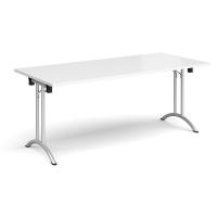 Rectangular folding leg table with silver legs and curved foot rails 1800mm x 800mm - white