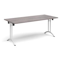 Rectangular folding leg table with white legs and curved foot rails 1800mm x 800mm - grey oak
