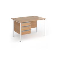 Contract 25 straight desk with 3 drawer pedestal and white H-Frame leg 1200mm x 800mm - beech top