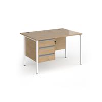 Contract 25 straight desk with 3 drawer pedestal and white H-Frame leg 1200mm x 800mm - kendal oak top