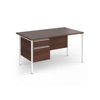 Contract 25 straight desk with 2 drawer pedestal and white H-Frame leg 1400mm x 800mm - walnut top