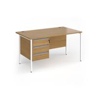Contract 25 straight desk with 3 drawer pedestal and white H-Frame leg 1400mm x 800mm - oak top