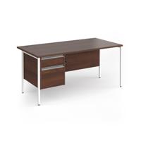 Contract 25 straight desk with 2 drawer pedestal and white H-Frame leg 1600mm x 800mm - walnut top