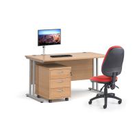 Bundle deal - Maestro 25 straight 1400mm desk in oak with silver frame/ 3 drawer pedestal/ Luna silver monitor arm and Vantage V100 chair in red