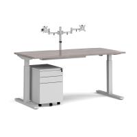 Elev8 Mono straight sit-stand desk 1600mm - silver frame, grey oak top with matching double monitor arm, steel pedestal and cable tray