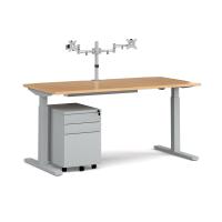 Elev8 Mono straight sit-stand desk 1600mm - silver frame, oak top with matching double monitor arm, steel pedestal and cable tray