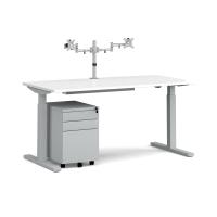Elev8 Mono straight sit-stand desk 1600mm - silver frame, white top with matching double monitor arm, steel pedestal and cable tray