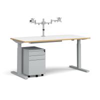 Elev8 Mono straight sit-stand desk 1600mm - silver frame, white top with oak edge with matching double monitor arm, steel pedestal and cable tray