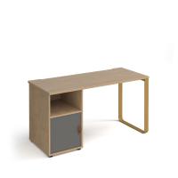 Cairo straight desk 1400mm x 600mm with sleigh frame leg and support pedestal with cupboard door - brass frame, oak finish with grey door