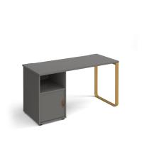 Cairo straight desk 1400mm x 600mm with sleigh frame leg and support pedestal with cupboard door - brass frame, grey finish with grey door
