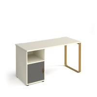 Cairo straight desk 1400mm x 600mm with sleigh frame leg and support pedestal with cupboard door - brass frame, white finish with grey door