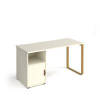 Cairo straight desk 1400mm x 600mm with sleigh frame leg and support pedestal with cupboard door - brass frame, white finish with white door