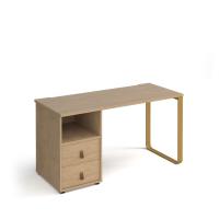 Cairo straight desk 1400mm x 600mm with sleigh frame leg and support pedestal with drawers - brass frame, oak finish with oak drawers