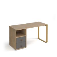 Cairo straight desk 1400mm x 600mm with sleigh frame leg and support pedestal with drawers - brass frame, oak finish with grey drawers