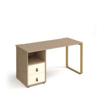 Cairo straight desk 1400mm x 600mm with sleigh frame leg and support pedestal with drawers - brass frame, oak finish with white drawers