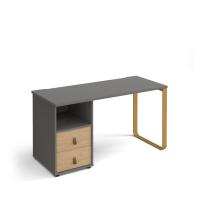 Cairo straight desk 1400mm x 600mm with sleigh frame leg and support pedestal with drawers - brass frame, grey finish with oak drawers
