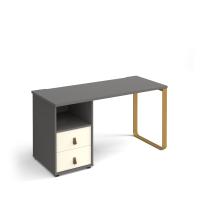 Cairo straight desk 1400mm x 600mm with sleigh frame leg and support pedestal with drawers - brass frame, grey finish with white drawers
