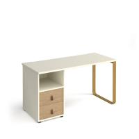 Cairo straight desk 1400mm x 600mm with sleigh frame leg and support pedestal with drawers - brass frame, white finish with oak drawers