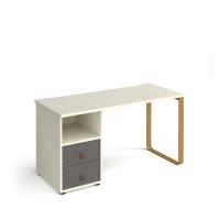 Cairo straight desk 1400mm x 600mm with sleigh frame leg and support pedestal with drawers - brass frame, white finish with grey drawers