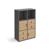 Universal cube storage unit 1295mm high on glides with 2 cupboards and 2 sets of drawers - grey with oak inserts