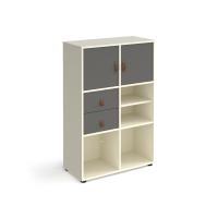 Universal cube storage unit 1295mm high on glides with matching shelf, 2 cupboards and drawers - white with grey inserts