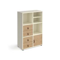 Universal cube storage unit 1295mm high on glides with matching shelf, cupboard and 2 sets of drawers - white with oak inserts