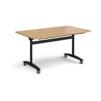 Rectangular deluxe flip top meeting table with black frame 1400mm x 800mm - oak