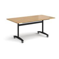 Rectangular deluxe flip top meeting table with black frame 1600mm x 800mm - oak