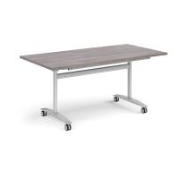 Rectangular deluxe flip top meeting table with silver frame 1600mm x 800mm - grey oak