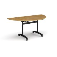 Semi circular deluxe flip top meeting table with black frame 1600mm x 800mm - oak