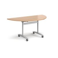 Semi circular deluxe flip top meeting table with silver frame 1600mm x 800mm - beech