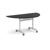Semi circular deluxe flip top meeting table with silver frame 1600mm x 800mm - Black