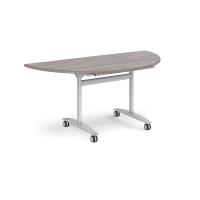 Semi circular deluxe flip top meeting table with silver frame 1600mm x 800mm - grey oak