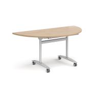 Semi circular deluxe flip top meeting table with silver frame 1600mm x 800mm - Kendal oak