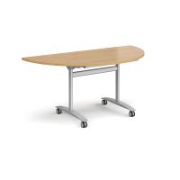 Semi circular deluxe flip top meeting table with silver frame 1600mm x 800mm - oak