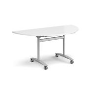 Semi circular deluxe flip top meeting table with silver frame 1600mm x 800mm - white
