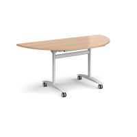 Semi circular deluxe fliptop meeting table with white frame 1600mm x 800mm - beech
