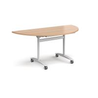 Semi circular deluxe flip top meeting table with white frame 1600mm x 800mm - beech