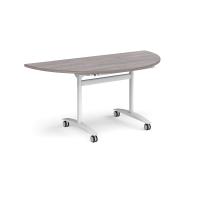 Semi circular deluxe fliptop meeting table with white frame 1600mm x 800mm - grey oak