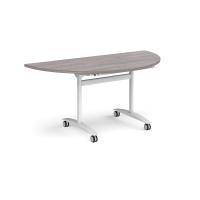 Semi circular deluxe flip top meeting table with white frame 1600mm x 800mm - grey oak