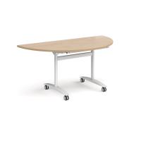 Semi circular deluxe flip top meeting table with white frame 1600mm x 800mm - Kendal oak