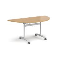 Semi circular deluxe flip top meeting table with white frame 1600mm x 800mm - oak
