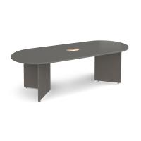 Arrow head leg radial end boardroom table 2400mm x 1000mm with central cutout 272mm x 132mm - Onyx Grey