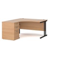 Maestro 25 left hand ergonomic desk 1400mm with black cantilever frame and desk high pedestal - beech